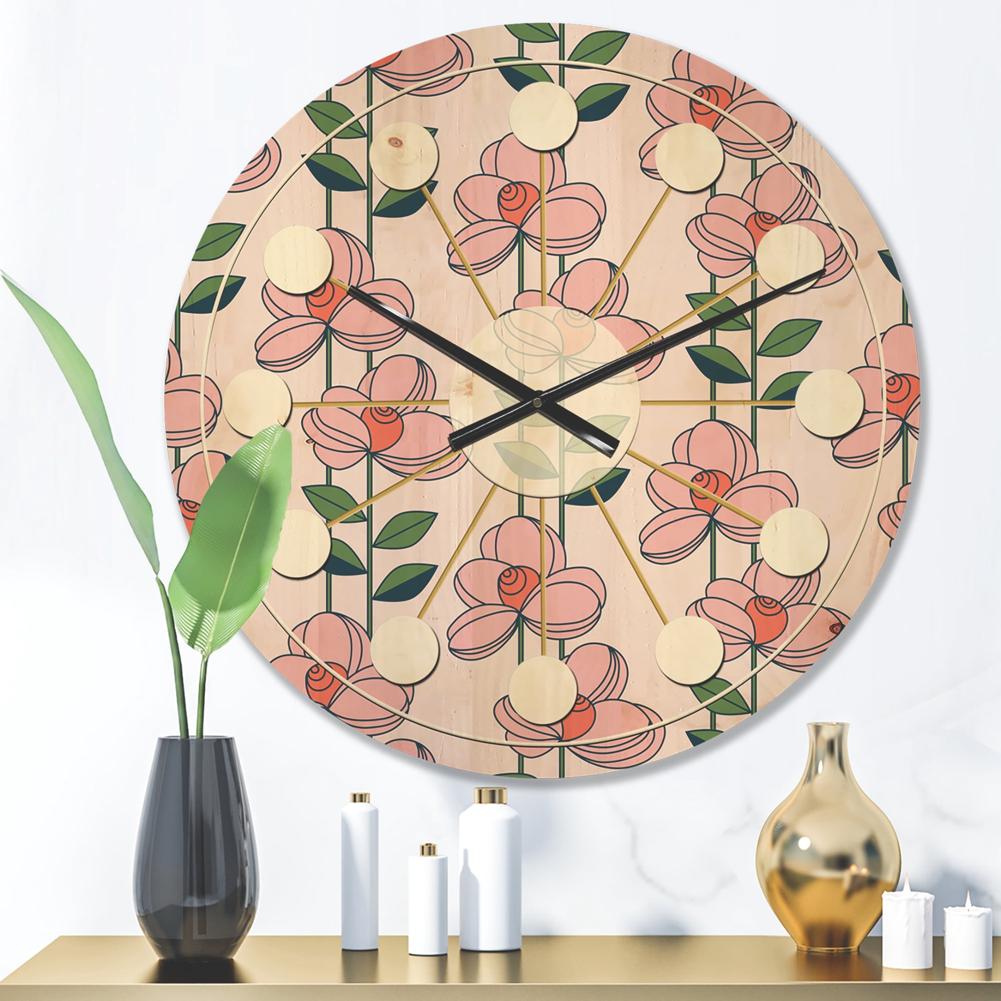 Designart 'Botanical Floral Retro XII' Mid-Century Modern Wood Wall Clock