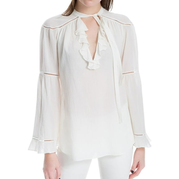 Max Studio London Womens Tie Neck Knit Blouse, White, Small