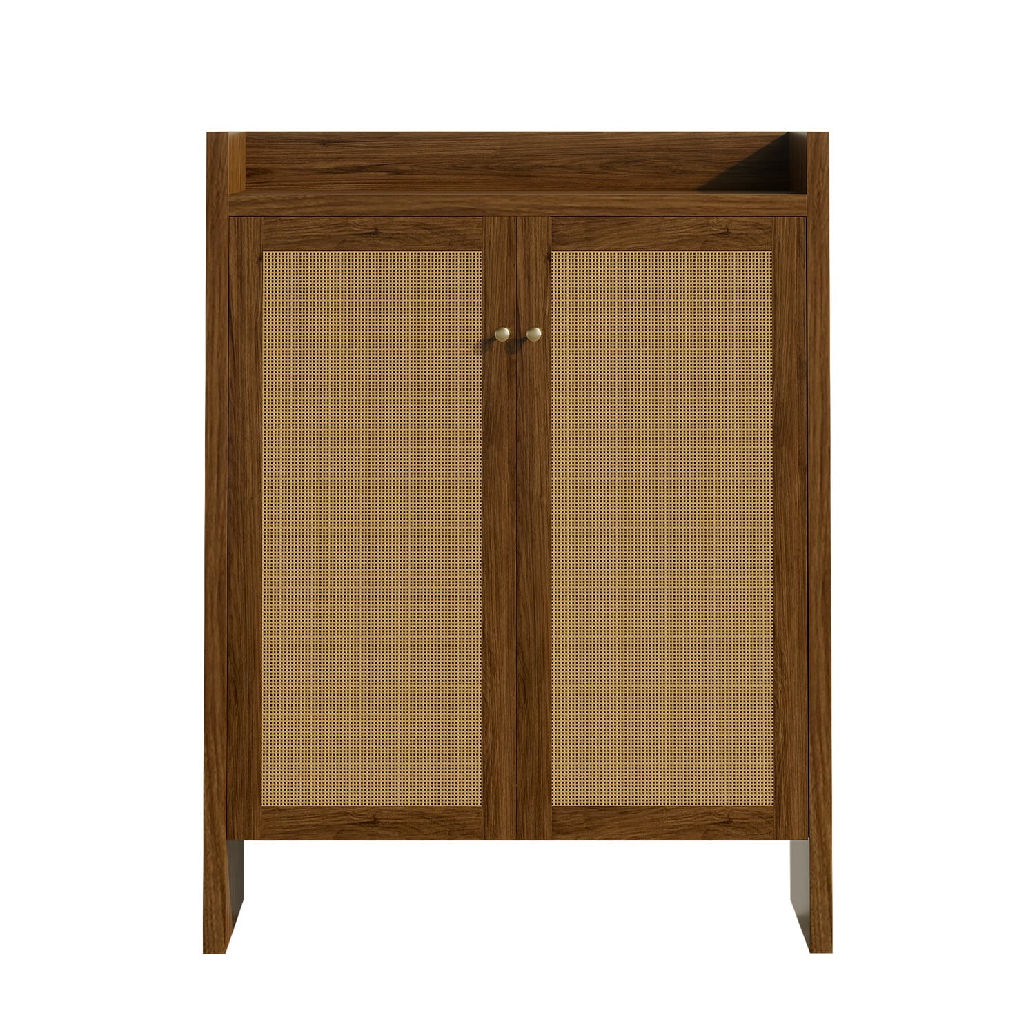 42.5" Tall Rattan Shoe Cabinet with Doors, 6-Tier Wooden Freestanding Shoe Storage Organizer with Adjustable Shelves, Mid-Century Entryway Shoe Cabinet for Hallway & Living Room
