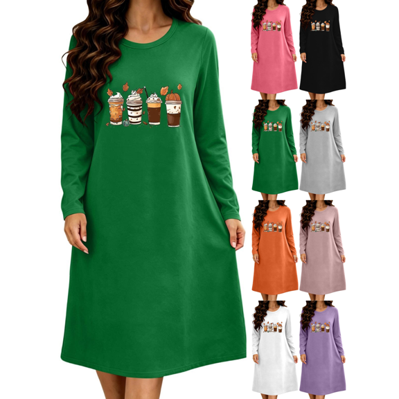 Xdegoge Womens Fall Nightgown Long Sleeve Sleepwear Coffee Cup Graphic Sleep Dress Autumn Thanksgiving Casual Lounge Pajamas Comfortable Nightshirts Gowns