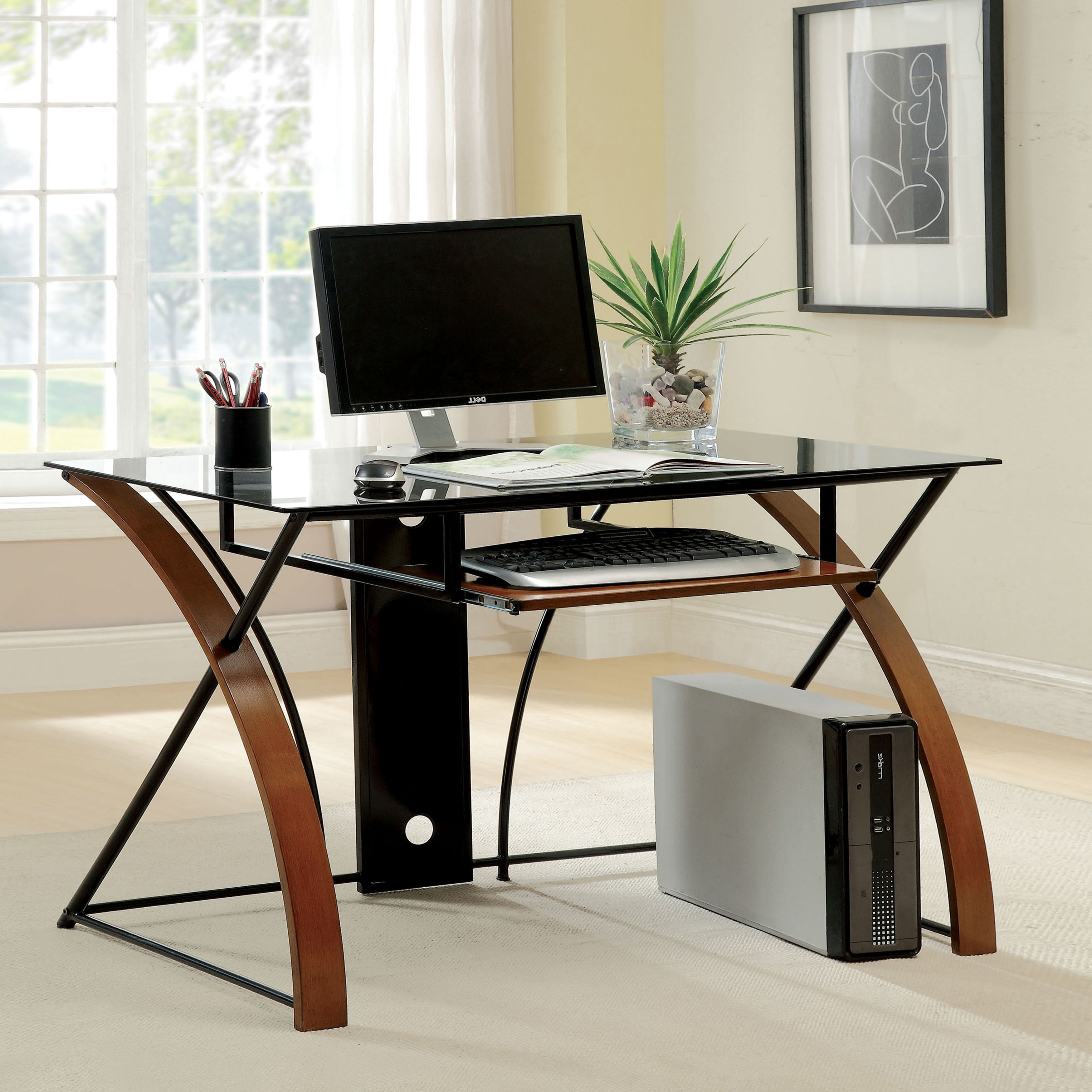 Furniture of America Harrrisburg Contemporary Metal Glass Desk with Keyboard Tray in Cherry Finish
