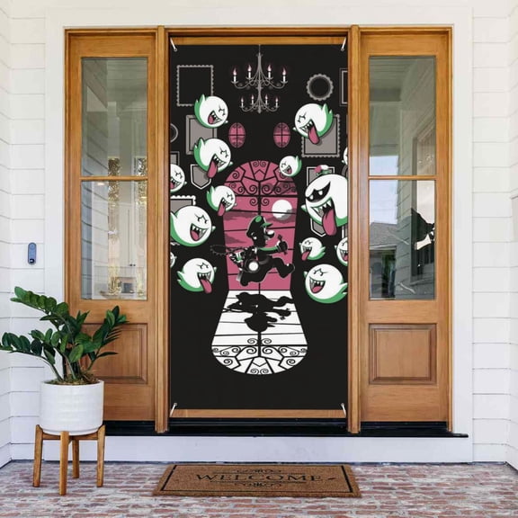 Horror Luigi's Mansion Door Cover Decorated Banner Tapestry Home Decoration Holiday Party Supplies Door Banner Porch Sign Banner 72.8 x 35.4 Inch