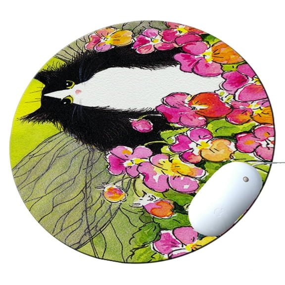 KuzmarK Round Mousepad / Hot Pad / Trivet - Tuxedo Maine Coon Kitty Fairy with Pansies Cat Art by Denise Every