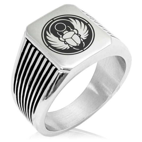 Stainless Steel Scarab Beetle Sun Ring Needle Stripe Pattern Biker Style Polished Ring