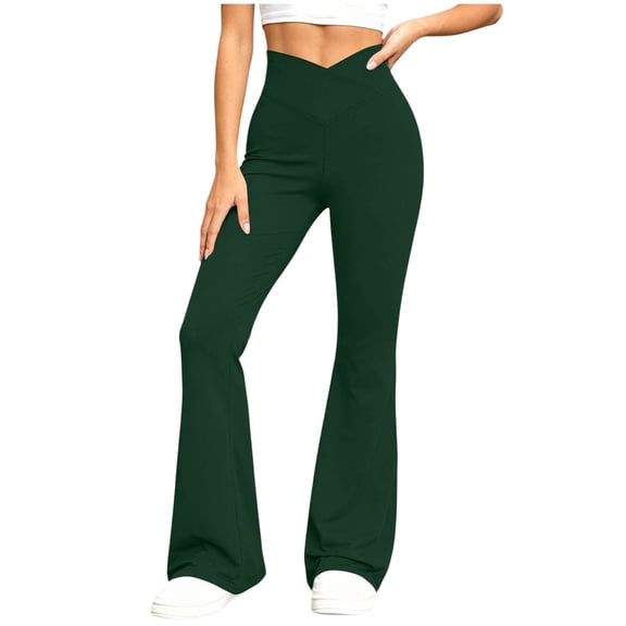 Qgtaibl Womens High Waisted Flare Yoga Leggings Crossover V Waist Tummy Control Bell Bottom Tights Stretch Slim Fit Non-See Through Sweatpants Beige M