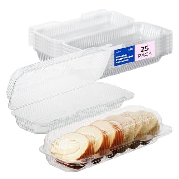 Fit Meal Prep 25 Pack 12" x 5" x 3" Clear Hinged Plastic Containers, Clamshell Take Out Containers, Bakery To Go Disposable Plastic Container, Ideal for Cake Roll Cookie Pastry Bread Fruit Sandwiches