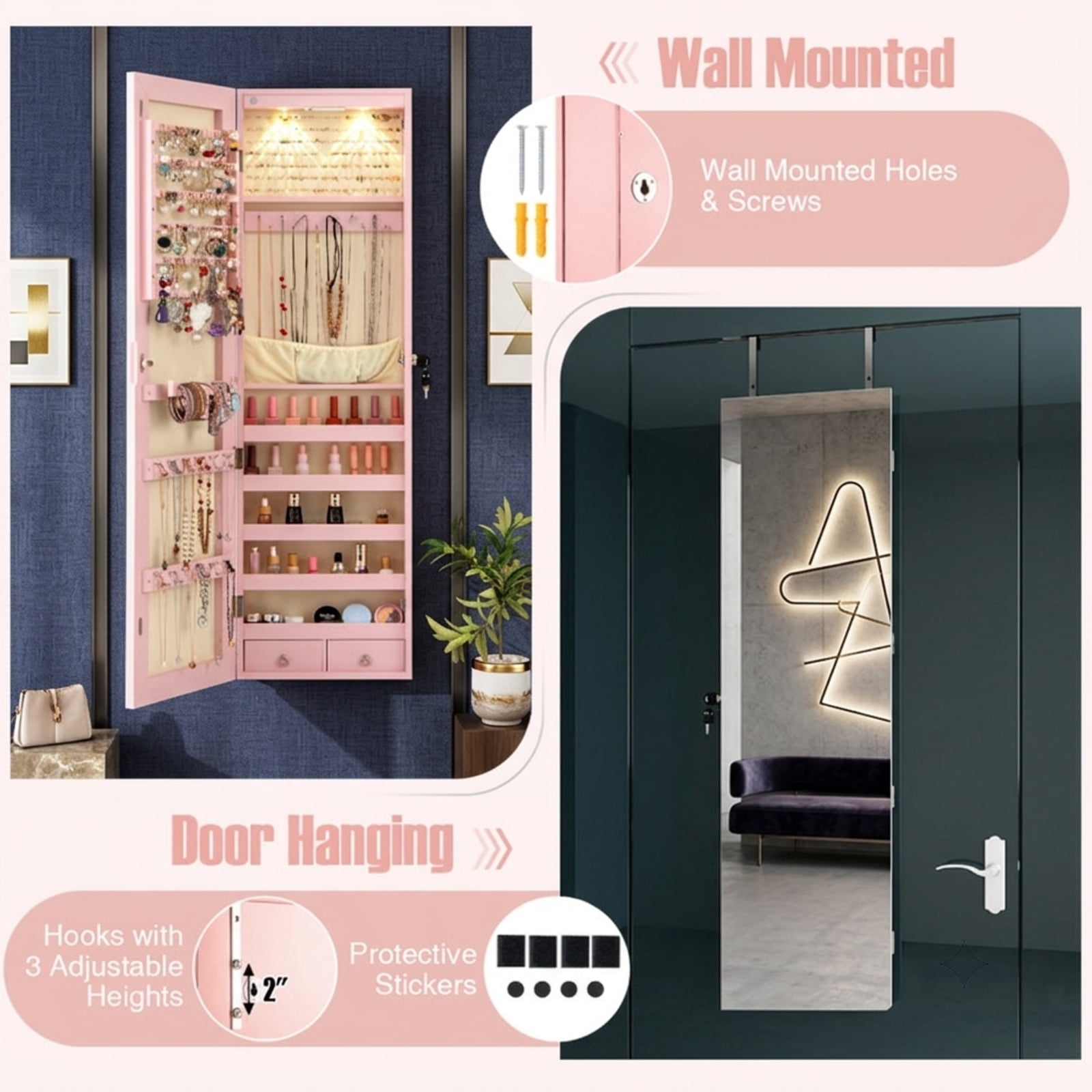 Furnibear Wall and Door Mounted Mirrored Jewelry Cabinet with Lights for Bedroom Dressing Room Jewelry Necklace Rings Storage Mirror, Pink