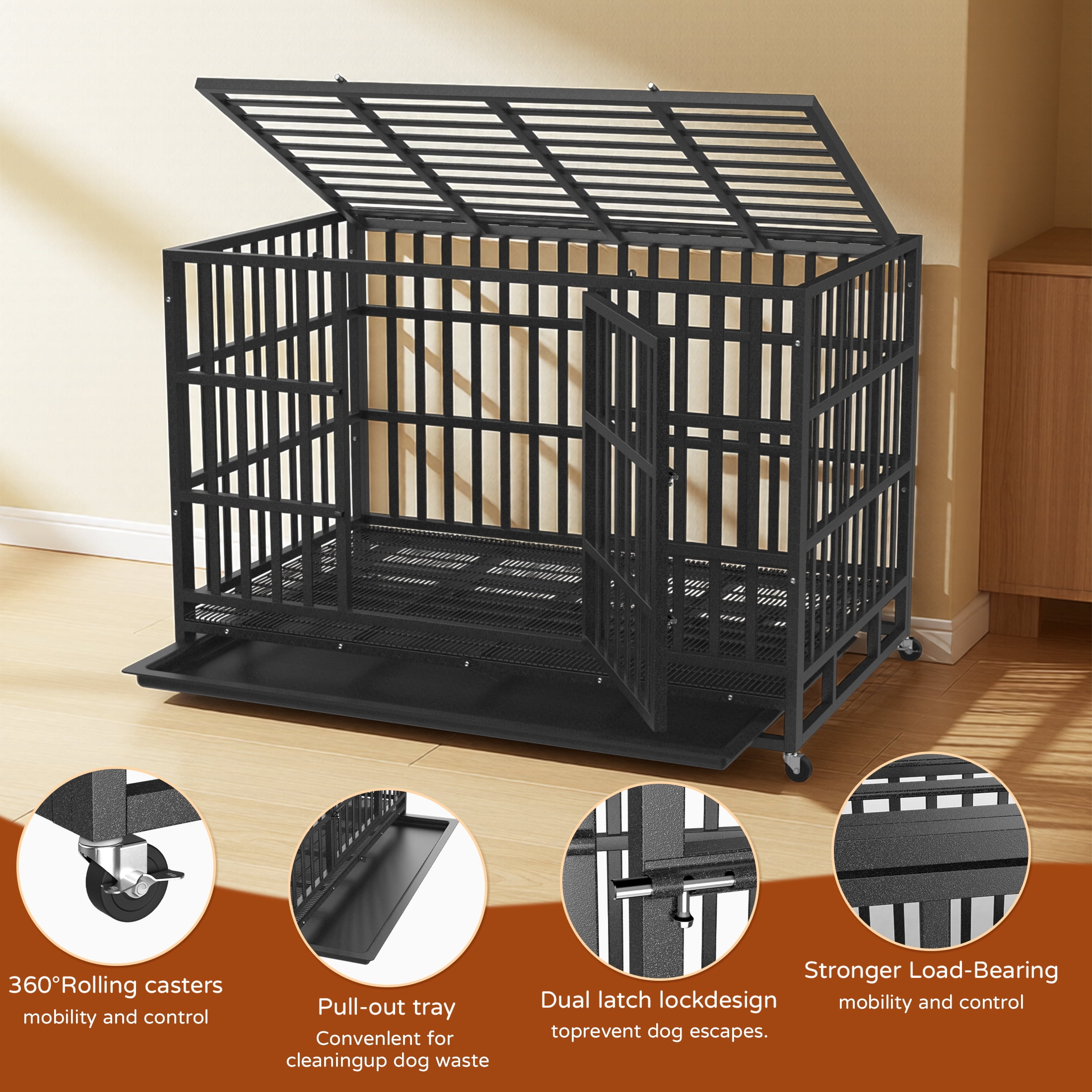 Ironovahome 48" Heavy Duty Dog Crate for Large Dogs, Indestructible Chew-Proof Escape-Proof Steel Dog Cage, XL Large Dog Kennel with Locking Wheels & Removable Tray for Indoor Use