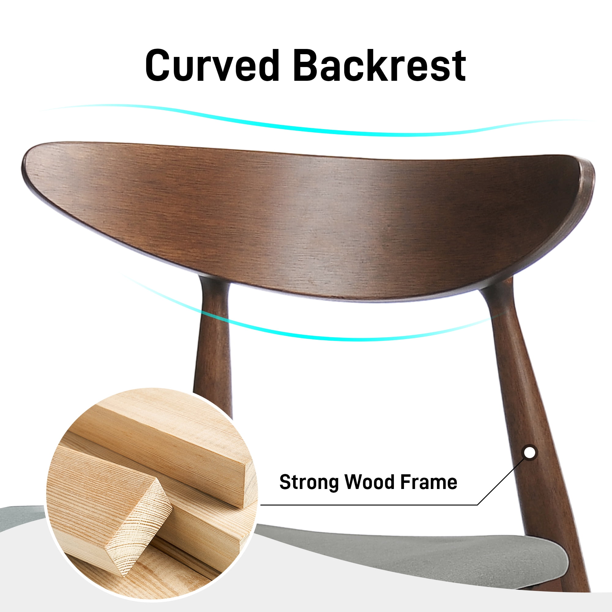 Aukfa Dining Chairs Set of 2, Mid Century Wood Side Chairs with Curved Backrest and Upholstered Seat, Dining Room Chairs for Kitchen, Living Room, Walnut