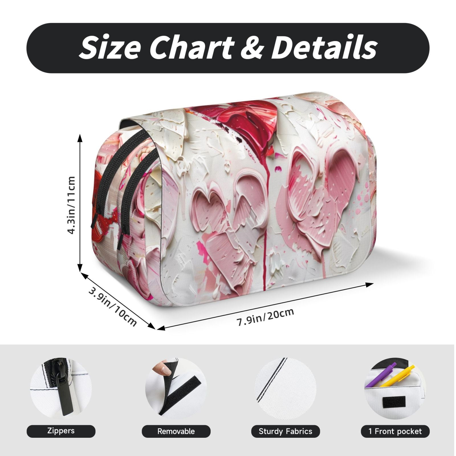 Rateoe Textured Heart Abstract Art Pattern Double Clamshell Pen Case, Storage Organizer with Two Zipper Compartments– Holds Up to 50 Pencils & Pens