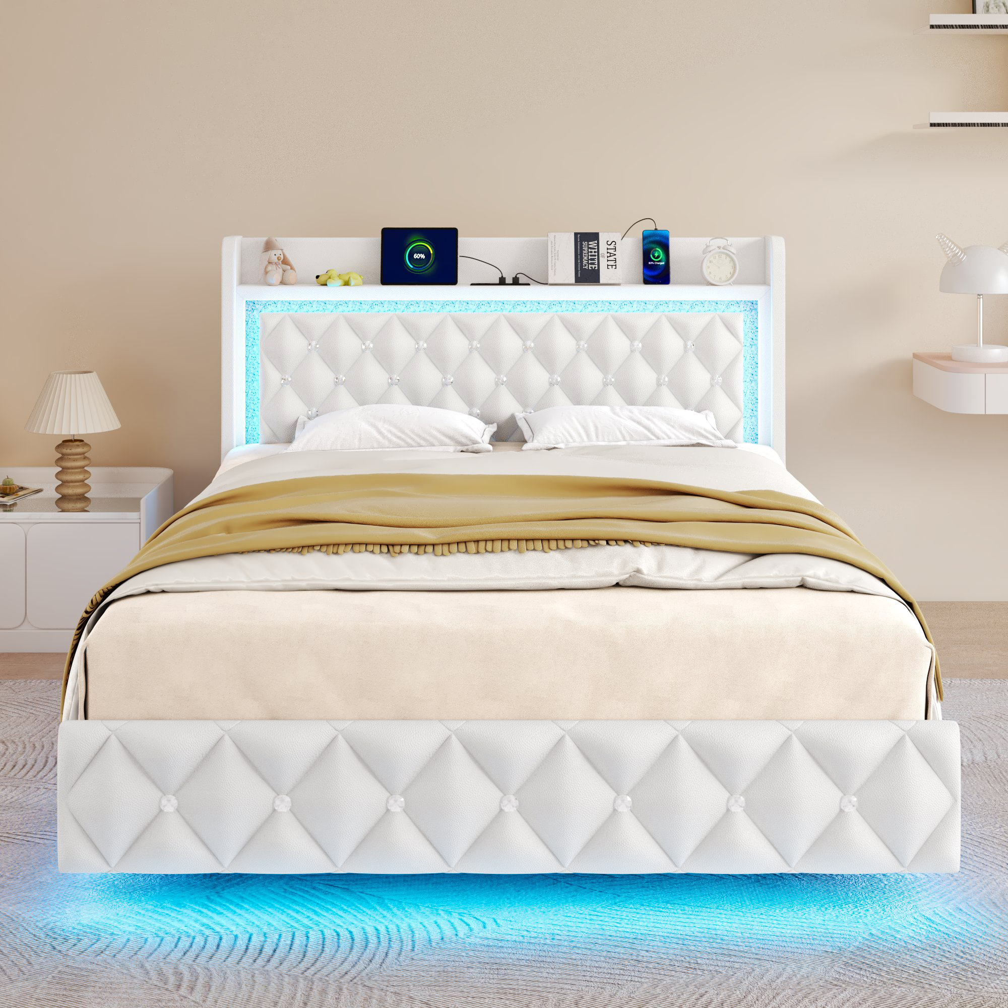 Blotout Floating Queen Bed Frame with LED Lights&Power Outlet, Upholstered Pu Leather Platform Bed with Diamond Tufted Storage Headboard & Footboard, No Box Spring Needed, Noise Free, White