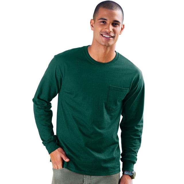 Hanes Mens TAGLESS Long-Sleeve T-Shirt with Pocket, S, Deep Forest