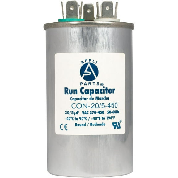 Appli Parts Dual Run Capacitor for ac 20 5 Mfd uF (microfarads) 370VAC or 450VAC CBB65 Round Universal fit for hvac and other applications 3-7/8 in High 2 in Wide CON-20/5-450