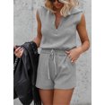 thumbnail image 3 of Sleeveless Women's Casual Shorts Rompers Summer Half Zip Lapel Collar Drawstring Knit One Piece Jumpsuit with Pockets, 3 of 7