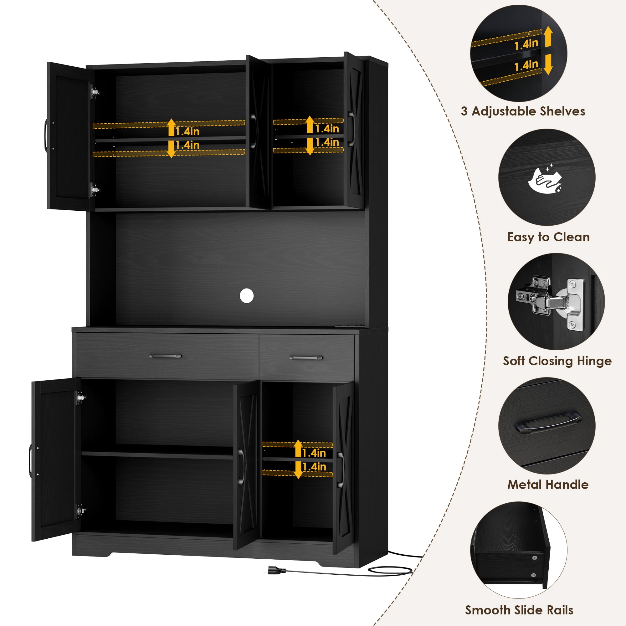 Homfa 71" Kitchen Pantry with Charging Station, Freestanding Cupboard with Adjustable Shelves, Floor Cabinet for Dining Room, Black Wood Grain