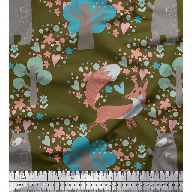 Soimoi Georgette Viscose Fabric Tree,Fox & Bear Kids Print Fabric by The Yard 42 Inch Wide