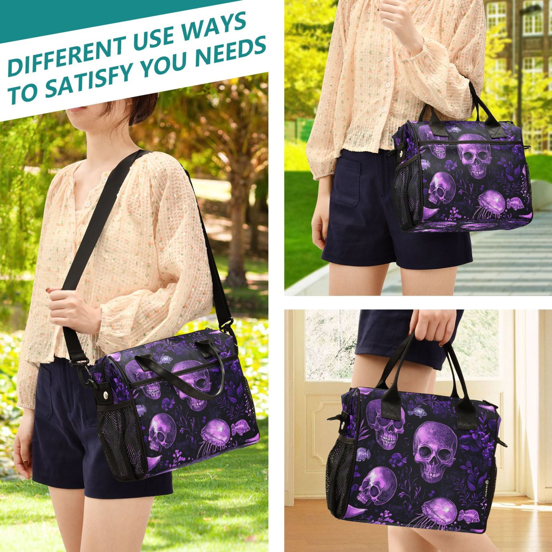 WOBOGO Skulls Jellyfish Purple Pattern Lunch Bag Large Capacity Leak Proof Insulation Soft Adult Men and Women Universal 11.8×11.4×6.2in