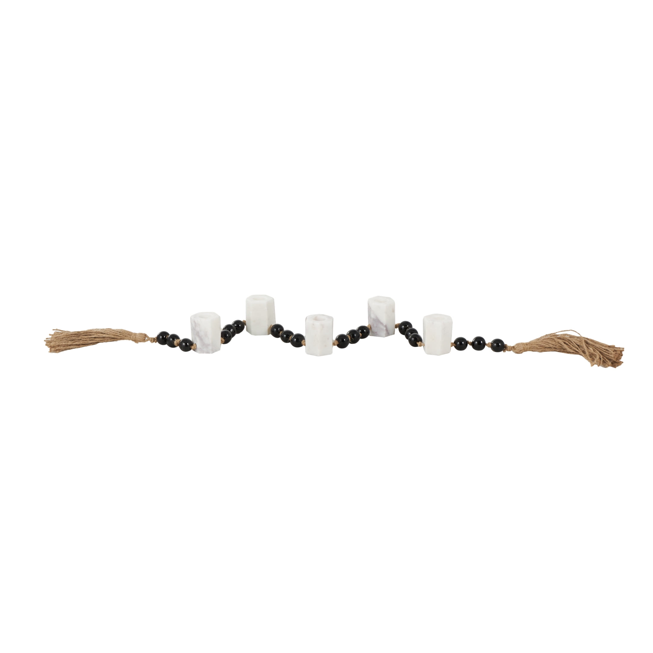 DecMode 5 Candle White Marble Hexagon Garland Candle Holder with Brown Tassel and Black Beads