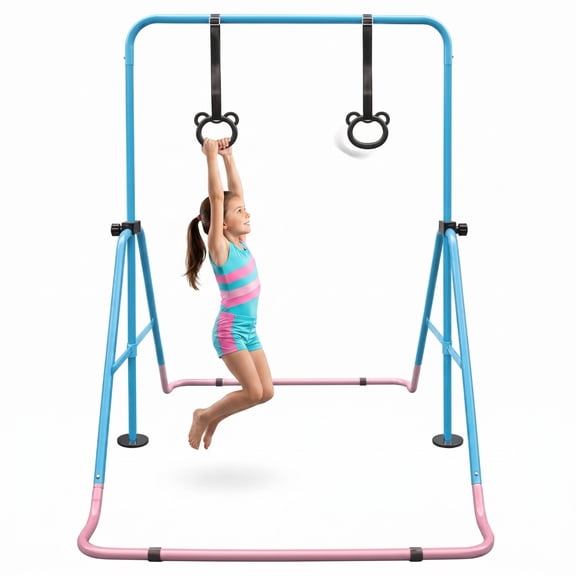 IRONHALL Expandable Gymnastics Bar for Kids, Height Adjustable Junior Training Horizontal Bar, Folding Home Gymnastics Equipment for Boys Girls, Pink Blue