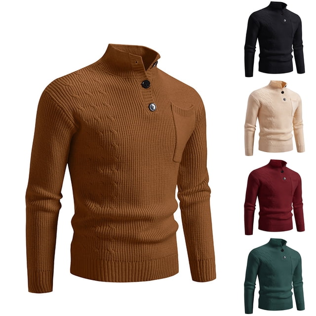 LOVZFMLL Sweaters for Men, Solid Color Acrylic Turtleneck Ribbed Pullover, Casual Button Pocket Mandarin Collar, Warm Winter Tops, Fall Clothes