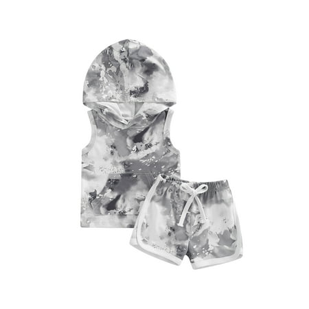 

Sunisery Kids Toddler Baby Boys Shorts Sets Tie-dye Print Hooded Vest + Elastic Waist Shorts Summer Outfits Gray 12-18 Months