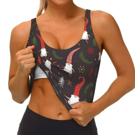 Qokaie Cute Christmas Gnomes Pattern Womens Scoop Neck Sports Bra Breathable Workout Vest Padded U Back Medium Impact Fitness Gym Yoga Bra Workout Crop Top