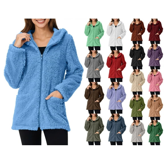 Crunowin Warm Fleece Jacket for Women, Casual Full Zip Up Hooded Warm Coat with Pocket Blue M