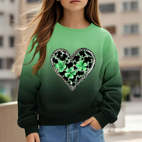 Girl Sweatshirts St. Patrick's Day Patterned T-shirt Pullover Crewneck Winter Long Sleeve Tops Shirts Army Green 2-3 Years