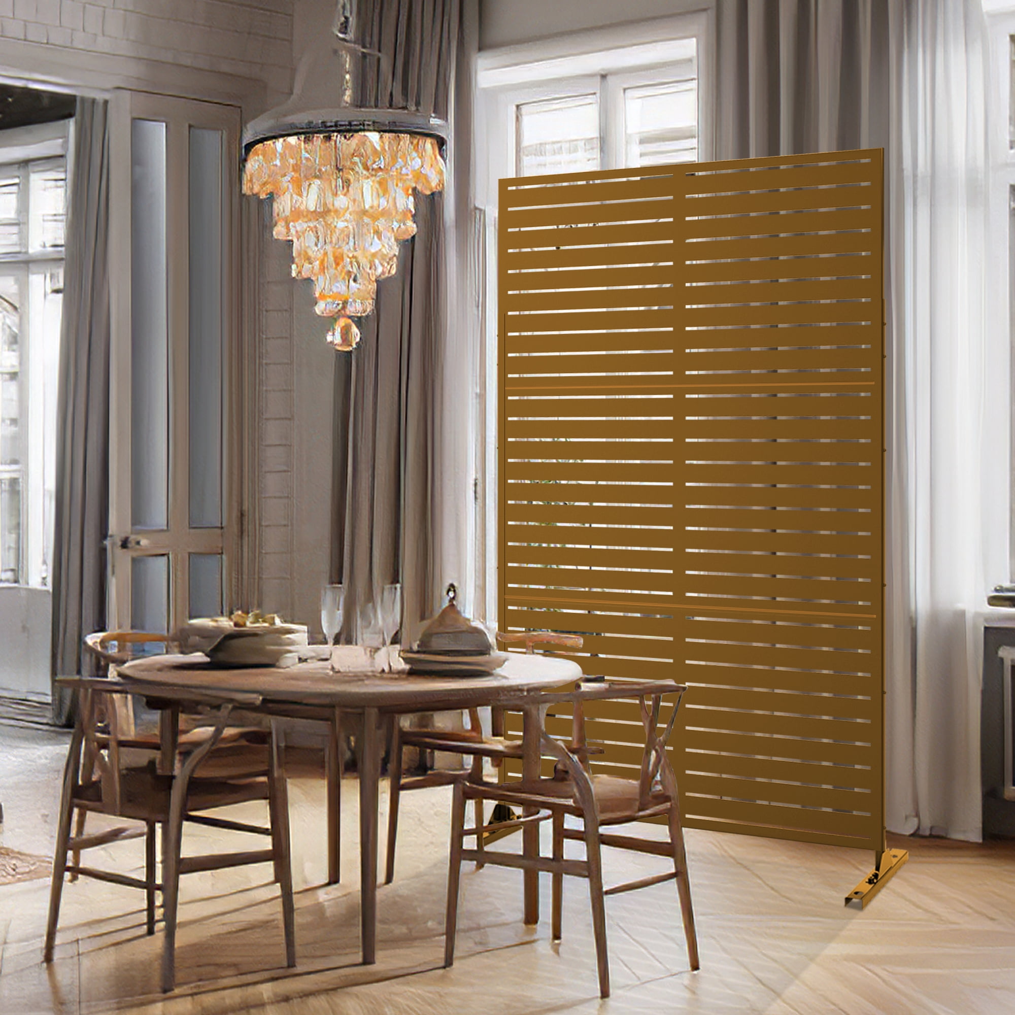 MAYEERTY 72×47" Outdoor Brown Metal Privacy Panel Screen for Backyard & Garden, Louvered Pattern