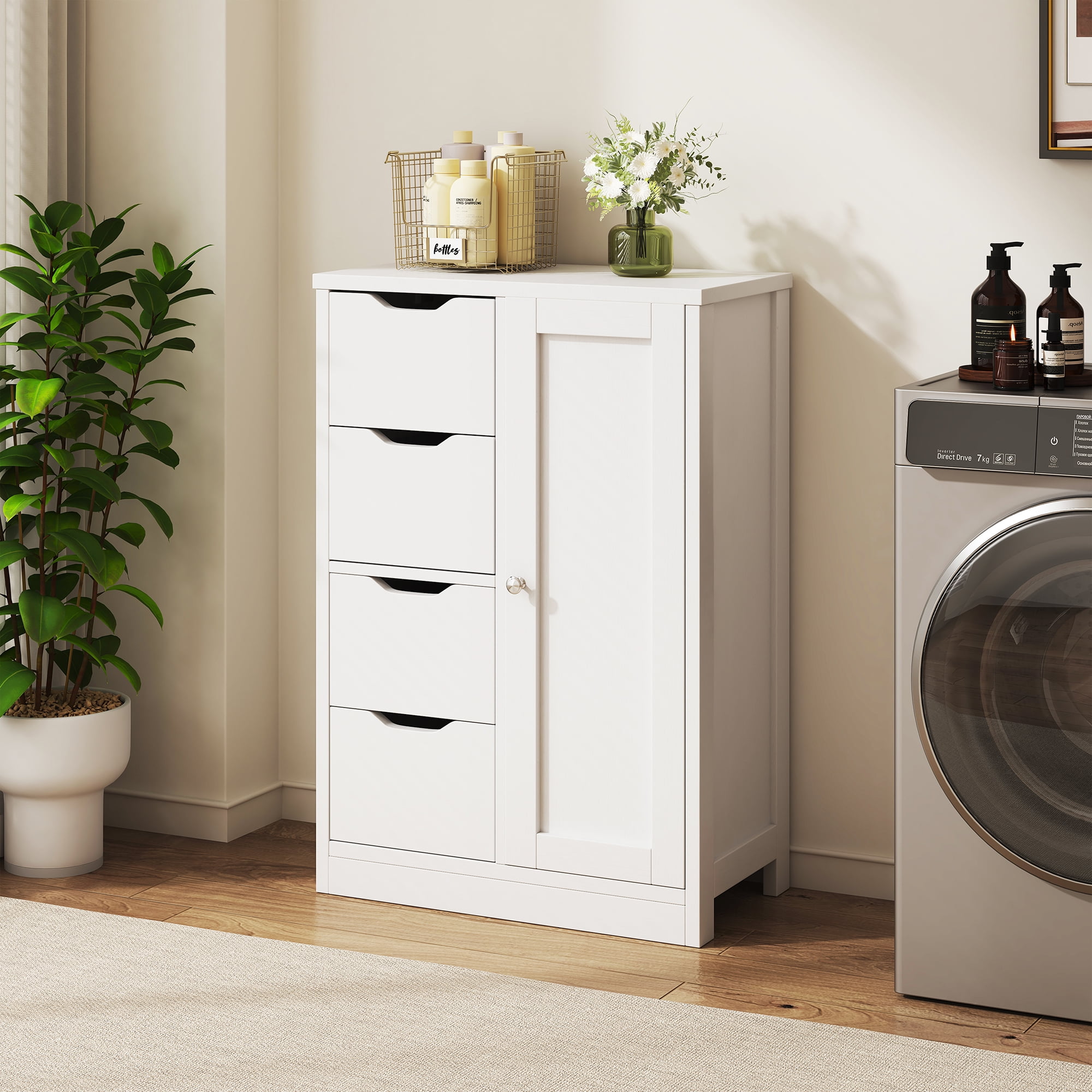 Walsunny Bathroom Floor Cabinet Storage Organizer Freestanding Wooden Cupboard with Door Drawers Adjustable Shelf for Small Spaces Laundry Room Kitchen Living Room Bedroom Home Office,White