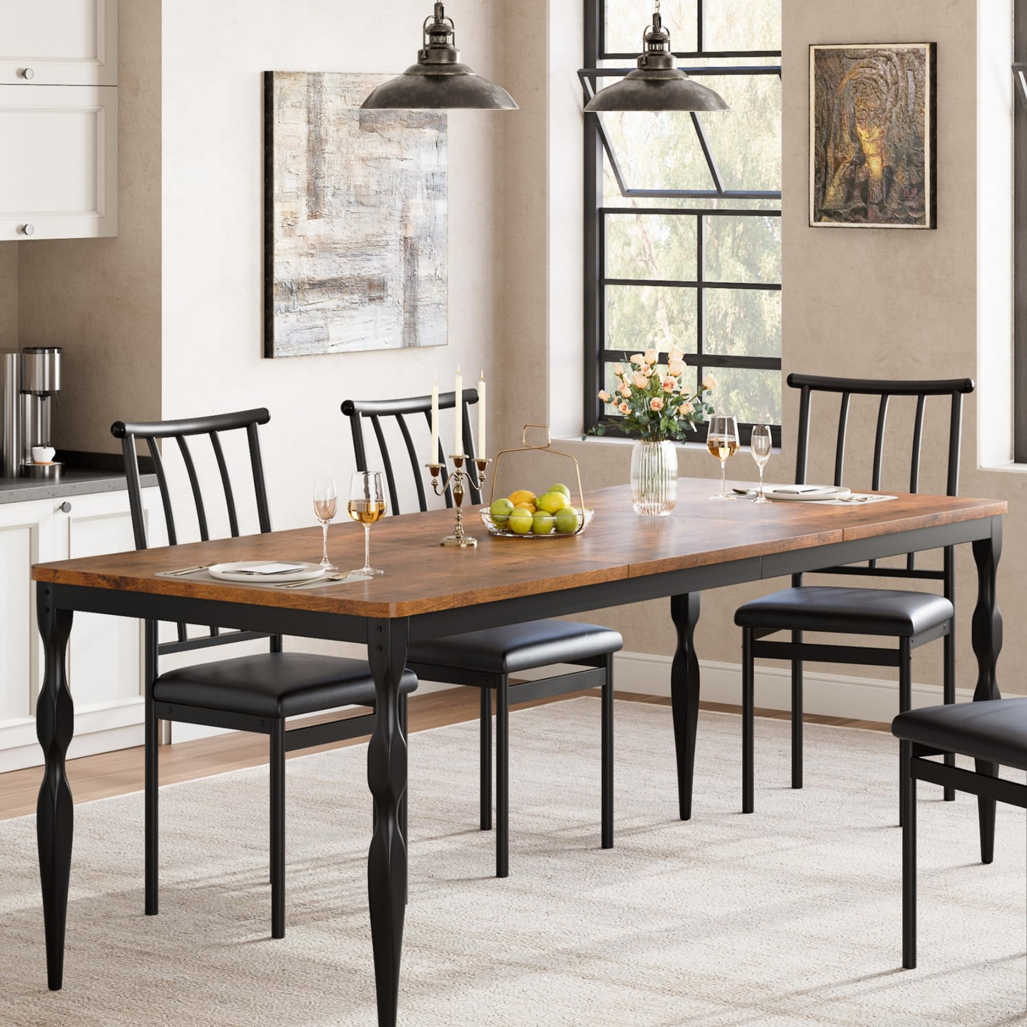 M optimized 71" Long Dining Table for 6, Farmhouse Rectangular Kitchen Table with Tabletop, Wooden Dining Room Table with Heavy Duty Legs