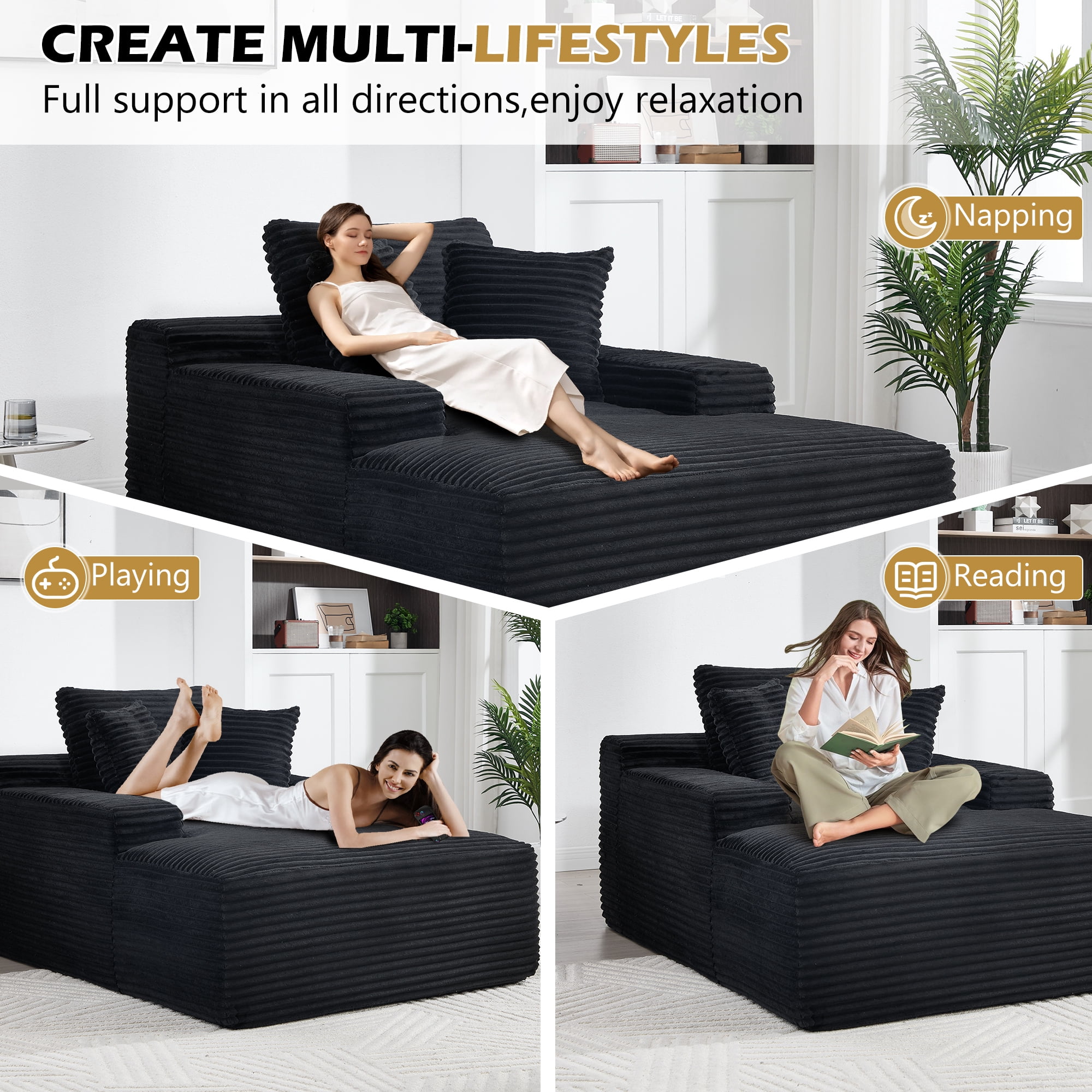 Leumius 67'' Oversized Chaise Lounge Chair Indoor,Cloud Plush Velvet Upholstered Deep Seat Sofa Bed with Back Cushion & Pillows,Cozy Sleeper Sofa Couch for Living Room, No Assembly Required,Black