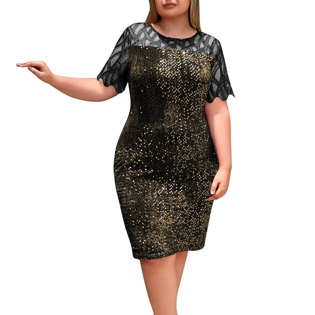 Kyusrd Robe d'Été pour Femmes Robe de Soirée Robe Portefeuille Femmes Couleur Unie Paillettes Grande Taille Manches Courtes Robes de Mariage