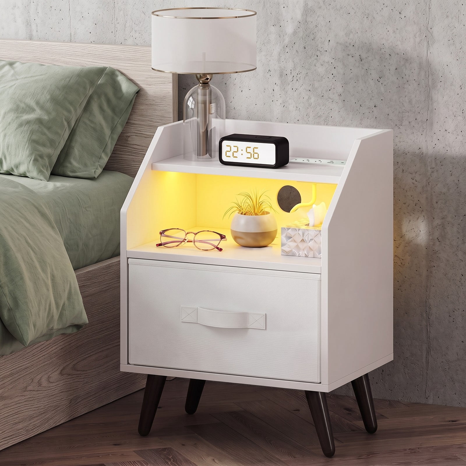 Furnibear Nightstand with LED Light and Charging Station and Fabric Drawer for Bedside Storage in the Bedroom and Living Room, White