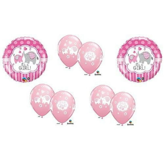 It's a Girl Elephants Polka Dots Flower Heart Pink (8) Mylar & Latex BALLOON BUR