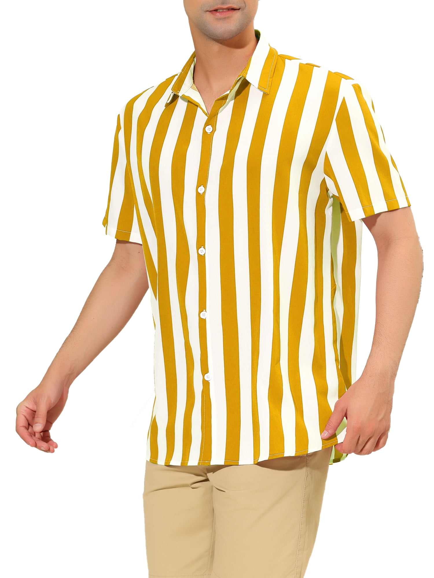 Unique Bargains Men's Short Sleeved Color Block Button Down Beach Stripe Shirt M Yellow