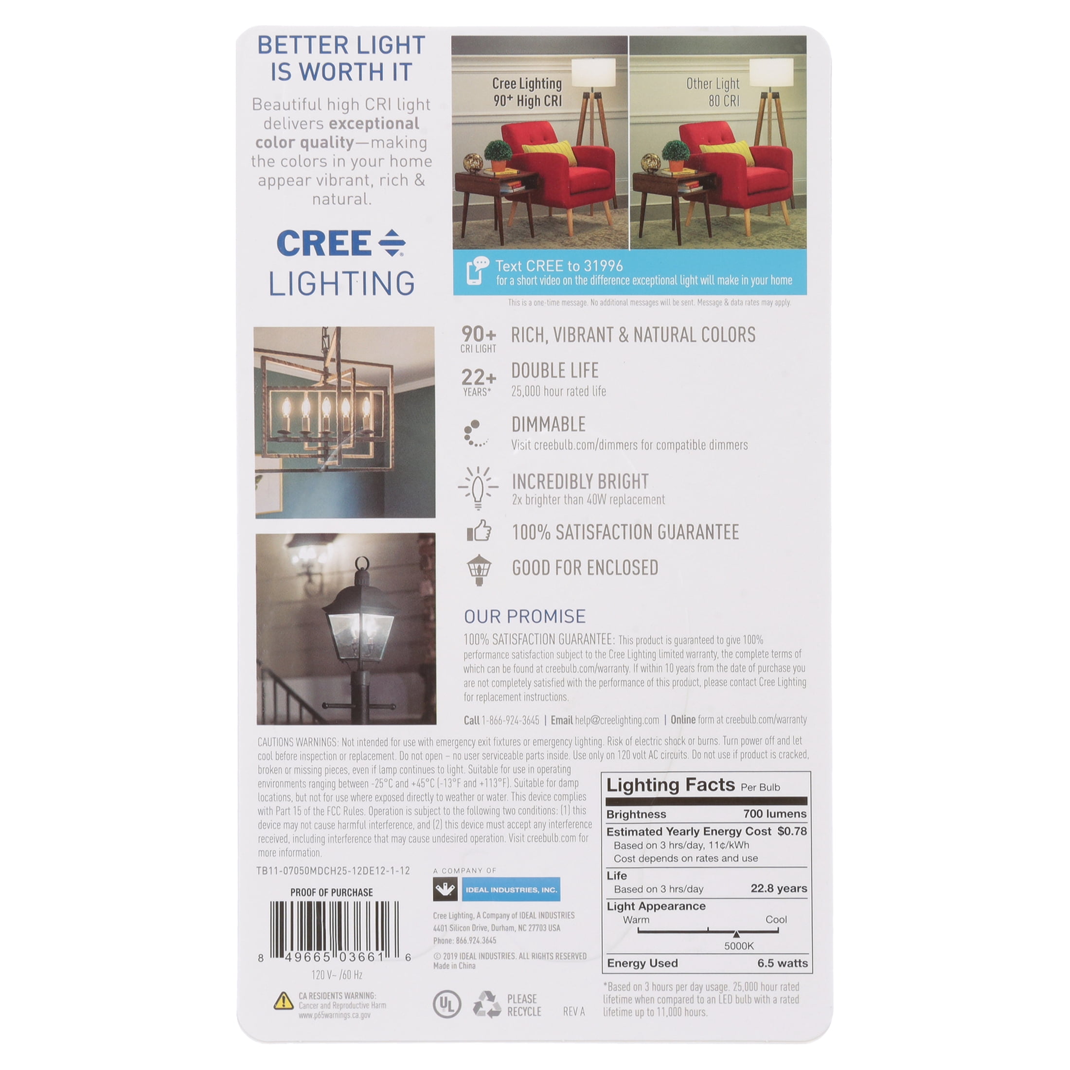 Cree Lighting B11 Clear Glass Filament Candelabra 75W Equivalent LED Bulb, 700 lumens, Dimmable, Daylight 5000K, 25,000 hour rated life, 90+ CRI | 1-Pack