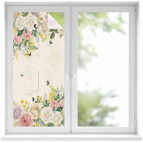 Window Privacy Film Pink White Flowers Stained Glass Window Film Decorative Sun Block Window Cover Spring Floral Elegant Pastoral Botanical Rustic Window Clings Static Sticker 19.6"x39.3"