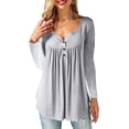 thumbnail image 1 of Túnica de mujer Tops Otoño Invierno Manga Larga Suelta Cuello en V Botones Hasta Flowy Plisado Jersey Henley Camisas Blusa Camiseta, 1 of 2