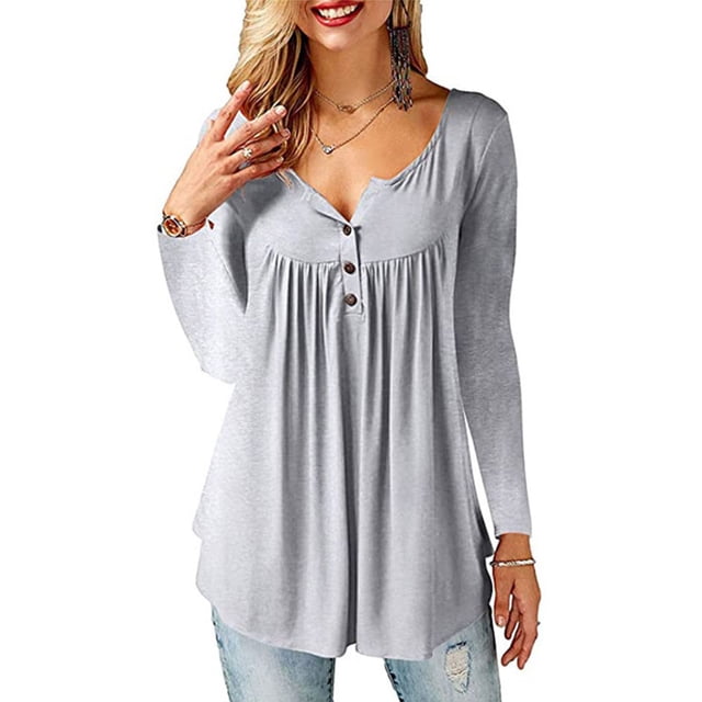 Túnica de mujer Tops Otoño Invierno Manga Larga Suelta Cuello en V Botones Hasta Flowy Plisado Jersey Henley Camisas Blusa Camiseta