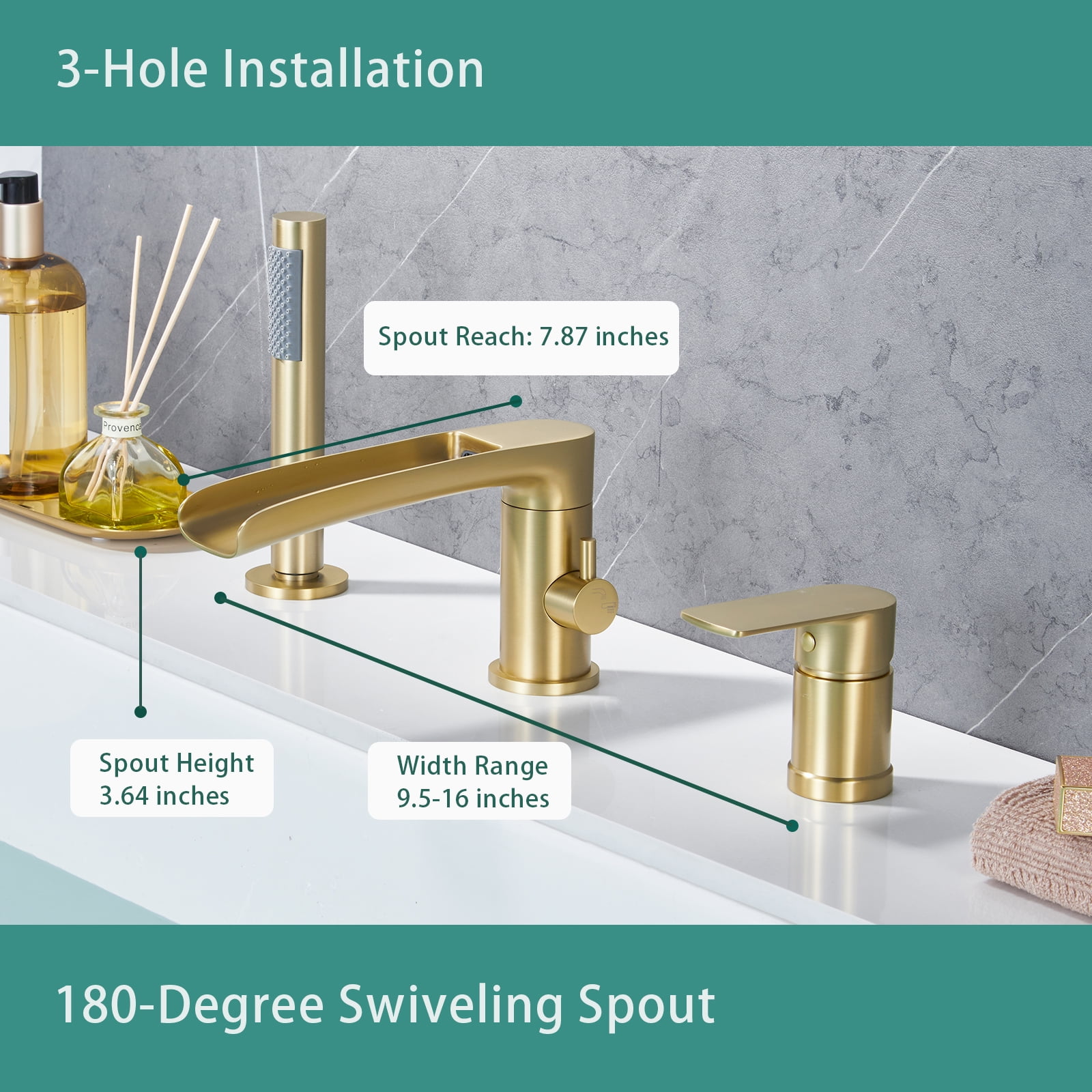 Roman Bathtub Faucet with Handheld Shower Sprayer Deck Mount 3-Hole Tub Filler Faucet Set, Brushed Gold Waterfall Roman Tub Faucet with Valve Included