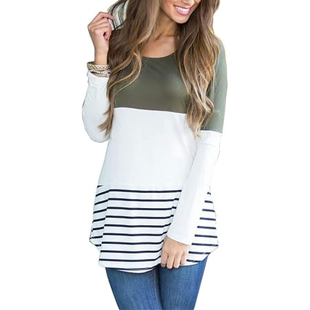 

PIKADINGNIS Womens Contrast Color T-Shirt Hem Striped Back Stitching Lace Long Sleeves Crewneck Shirts for Women Casual Fall Tunic Tops