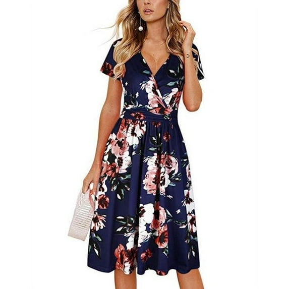Uhndy Women's Retro Fashion Floral Print Cross Pockets Stitching V-Neck Short-Sleeved Dress Navy Blue Peony M