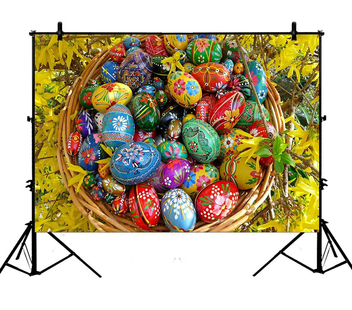 9x6ft Happy Easter Backdrop Colorful Easter Eggs Colorful Flowers Water Pot Bucket White Rustic Wood Plank Fence Background Holiday Festival Children Adults Portrait Studio Photo Props