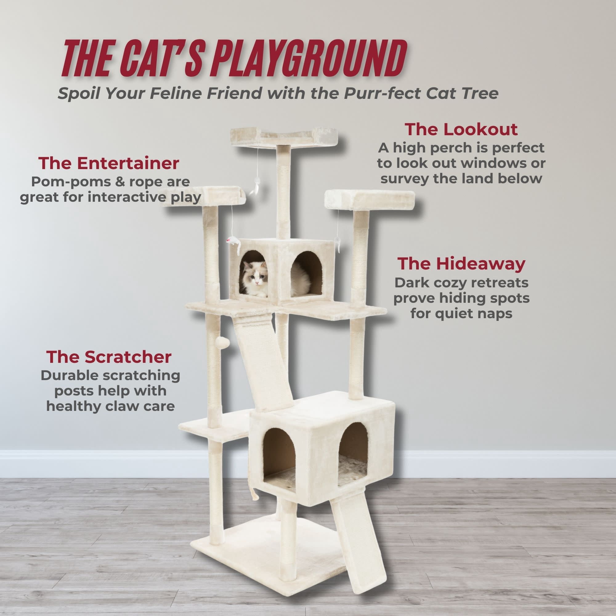 TRIXIE Celeste Plush 4-Level 69" Cat Tree  Sisal Scratching Posts Condo & Cat Toy Cream