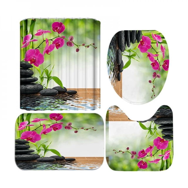 Home Shower Curtain Set Bathroom Hotel Toilet Cover Mats Non-Slip Washroom Kitchen Rugs Rainforests Beaches Patterns Printing