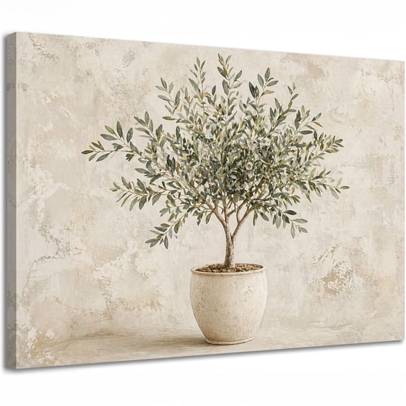 Potted Olive Tree Canvas Wall Art, Modern Minimalist Botanical Decor, Neutral Farmhouse Living Room