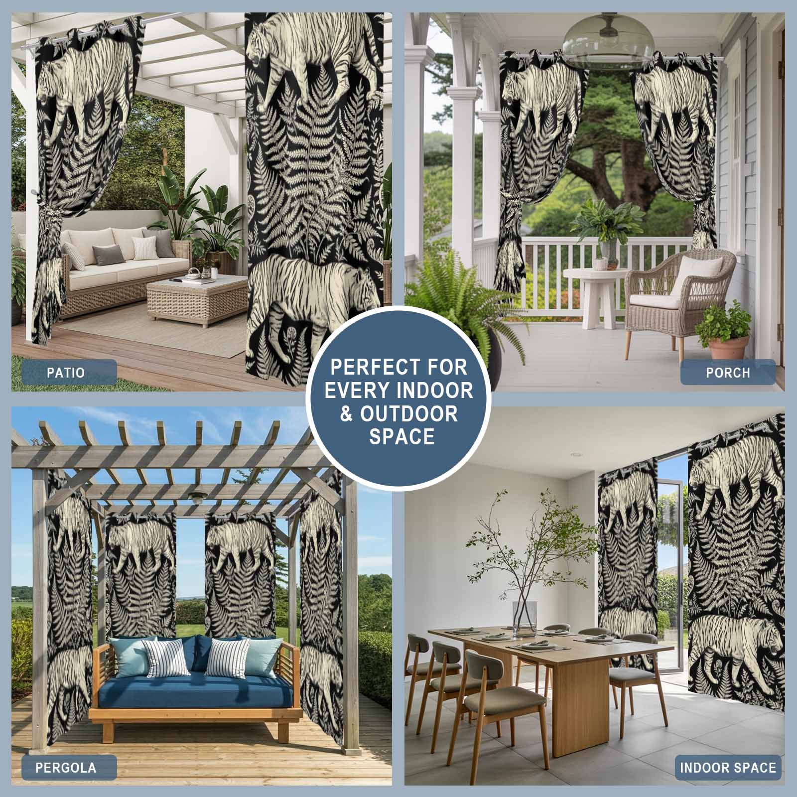 Jungle Tiger Fern Outdoor Curtains for Patio, Black and Beige Tropical Leaves Wildlife Sunshade Privacy Drapes Grommet Waterproof Outside Curtains for Porch/Cabana/Balcony 54"x 108", 1 Panel