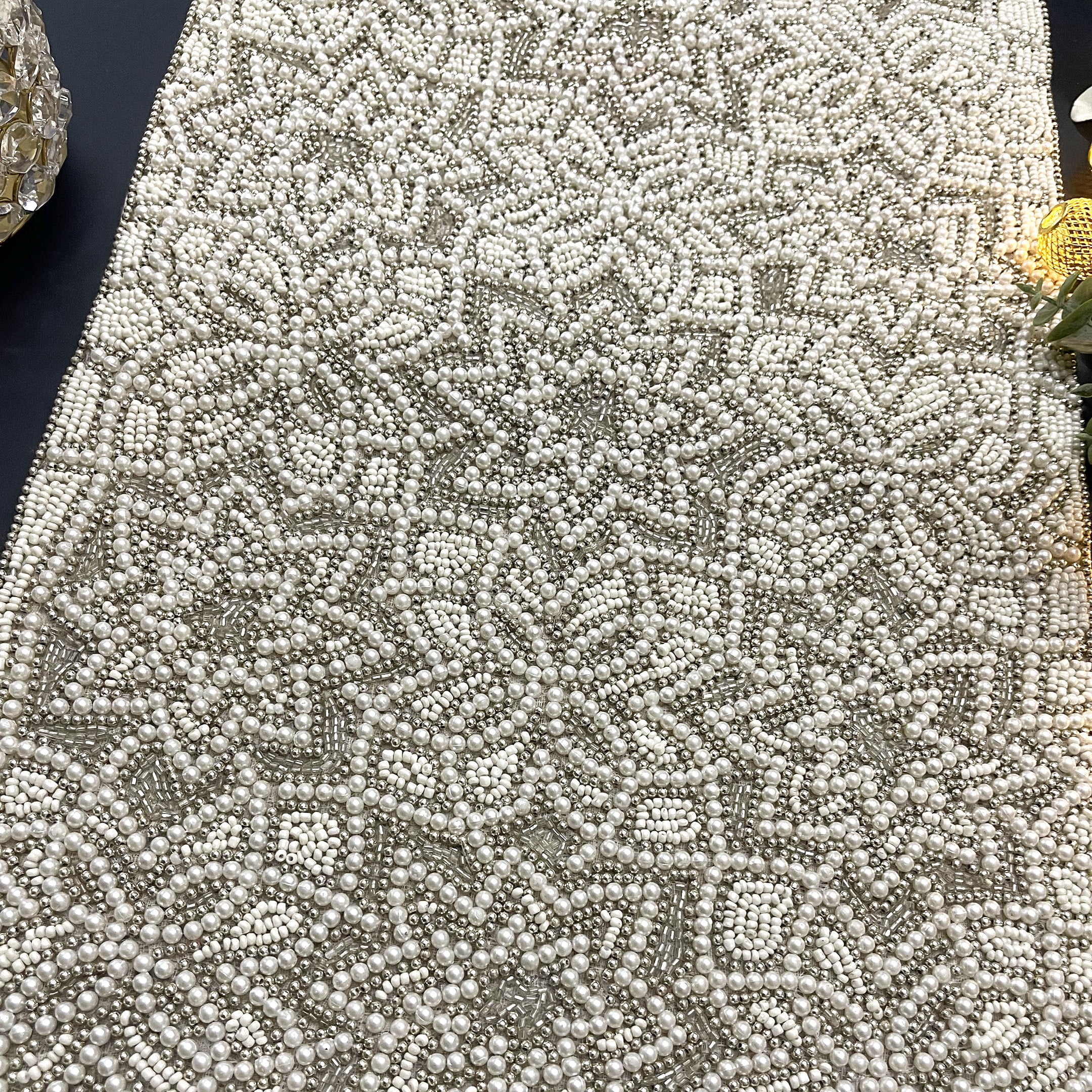 Handmade beaded Christmas table runner, white silver, 13x48inch
