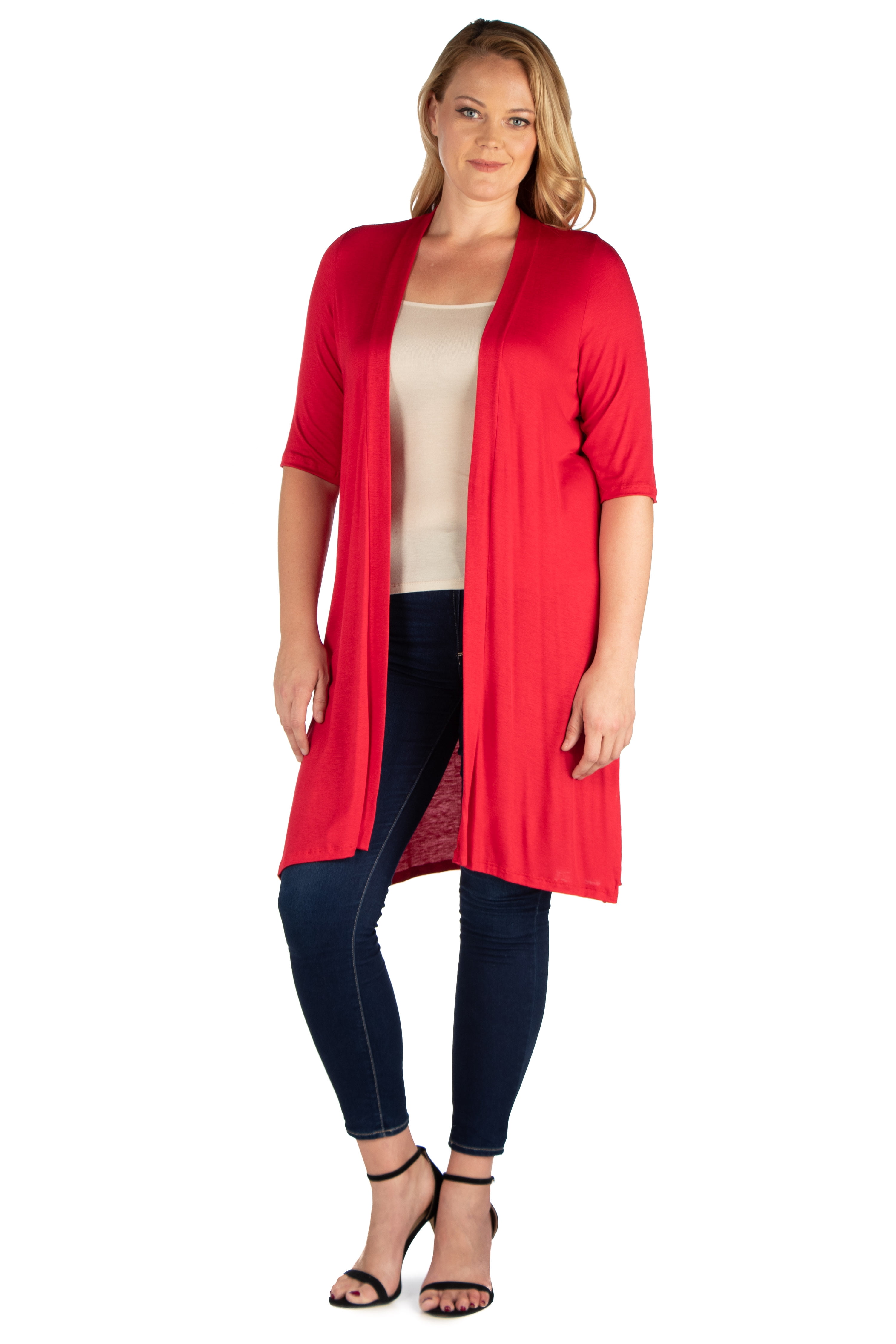 24seven Comfort Apparel Knee Length Elbow Sleeve Open Front Plus Size